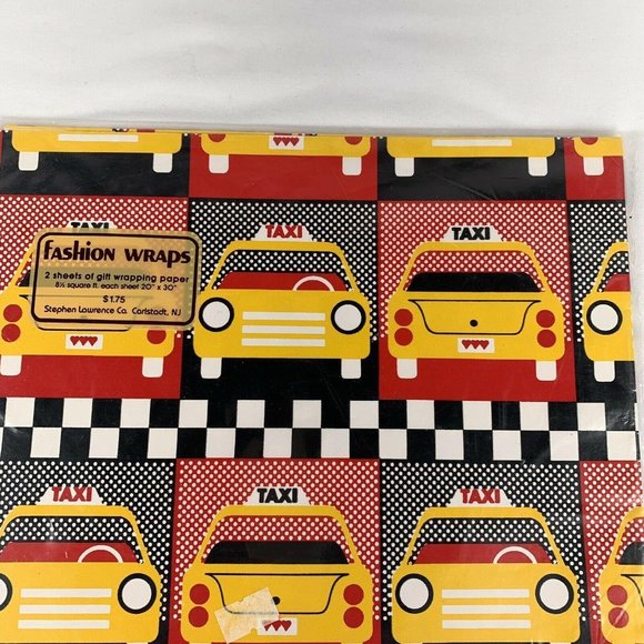 Vintage Stephen Lawrence All Occasion Taxi Cab Gift Wrap Sheets Two 20" x 30" - Picture 5 of 7